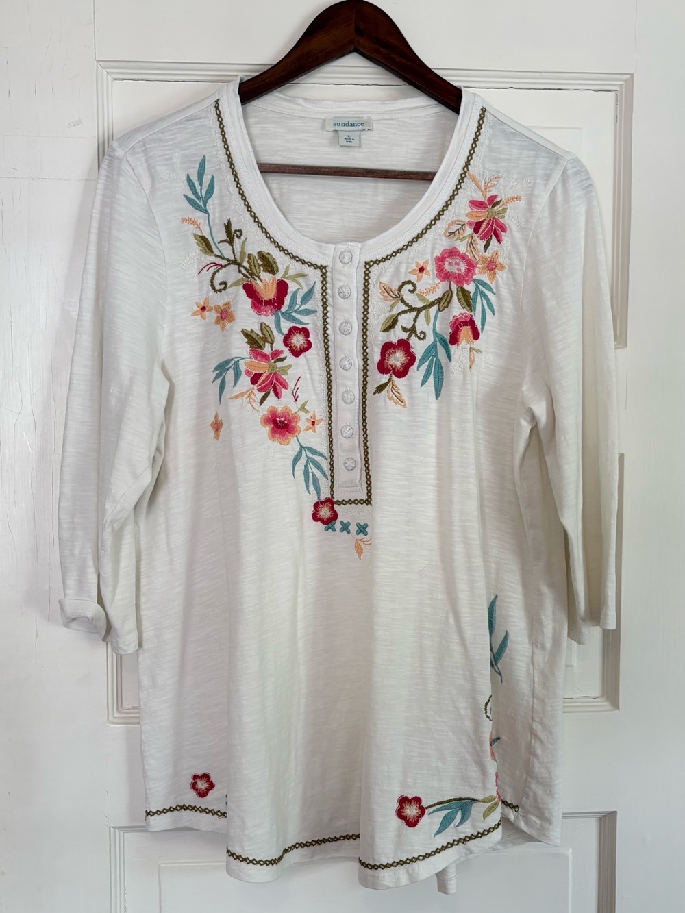 Sundance Floral Embroidered Boho 3/4 Sleeve Peasant Top. Large. Ivory Festival - Picture 2 of 11